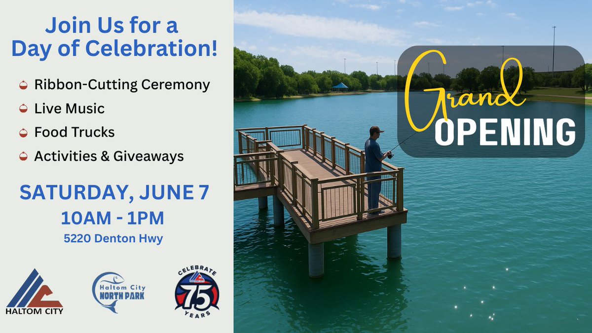🎉 Haltom City Turns 75! 🎂🎈

Celebrate with us at the North Park Grand Reopening
🗓 Saturday, June 7 | ⏰ 10 AM – 1 PM
📍 5220 Denton Hwy
🎶 Live Music | 🌭 Food Trucks | 🎁 Giveaways
🎈 Bounce Houses | ✂️ Ribbon Cutting

#HaltomCity #CityPark #NorthPark
