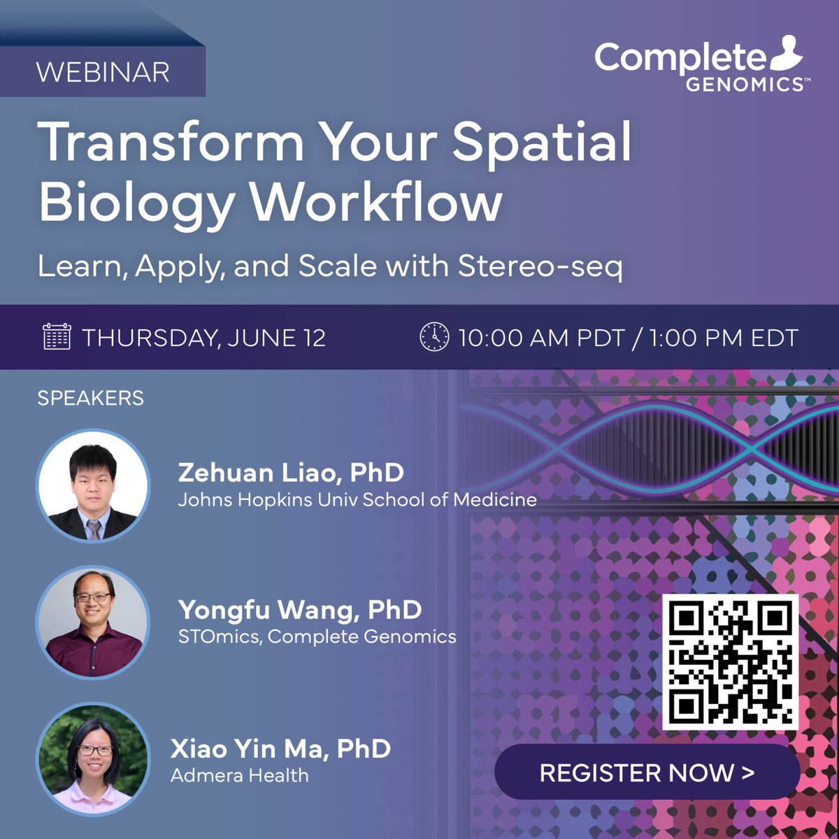 Register now for the June 12 webinar, "Advance Spatial Discovery with Stereo-seq Spatial Transcriptomics" to learn how researchers are resolving tissue complexity at a true single-cell resolution.

completegenomics.com/webinars/trans…

#SpatialBiology #SCA12 #SpatialTranscriptomics #NGS