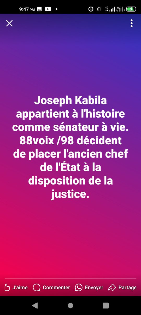 #Urgent! Le SÉNAT vient de lever les immunités à l'ancien chef de l'État Joseph Kabila. Présumé chef des mouvements rebelles , L'ancien sénateur à vie est désormais mis à la disposition de la justice. Joseph Kabila appartient à l'histoire comme Sénateur à vie.