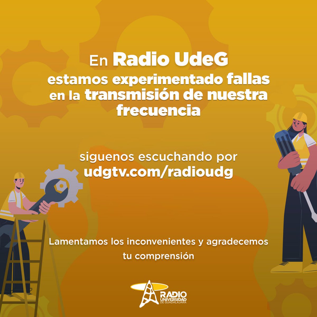 RadioUdeG's tweet photo. En estos momentos #RadioUdeG estamos experimentando fallas.

Te invitamos a escucharnos en https://t.co/F0nGbcJSnW https://t.co/ctLrUQUY2z