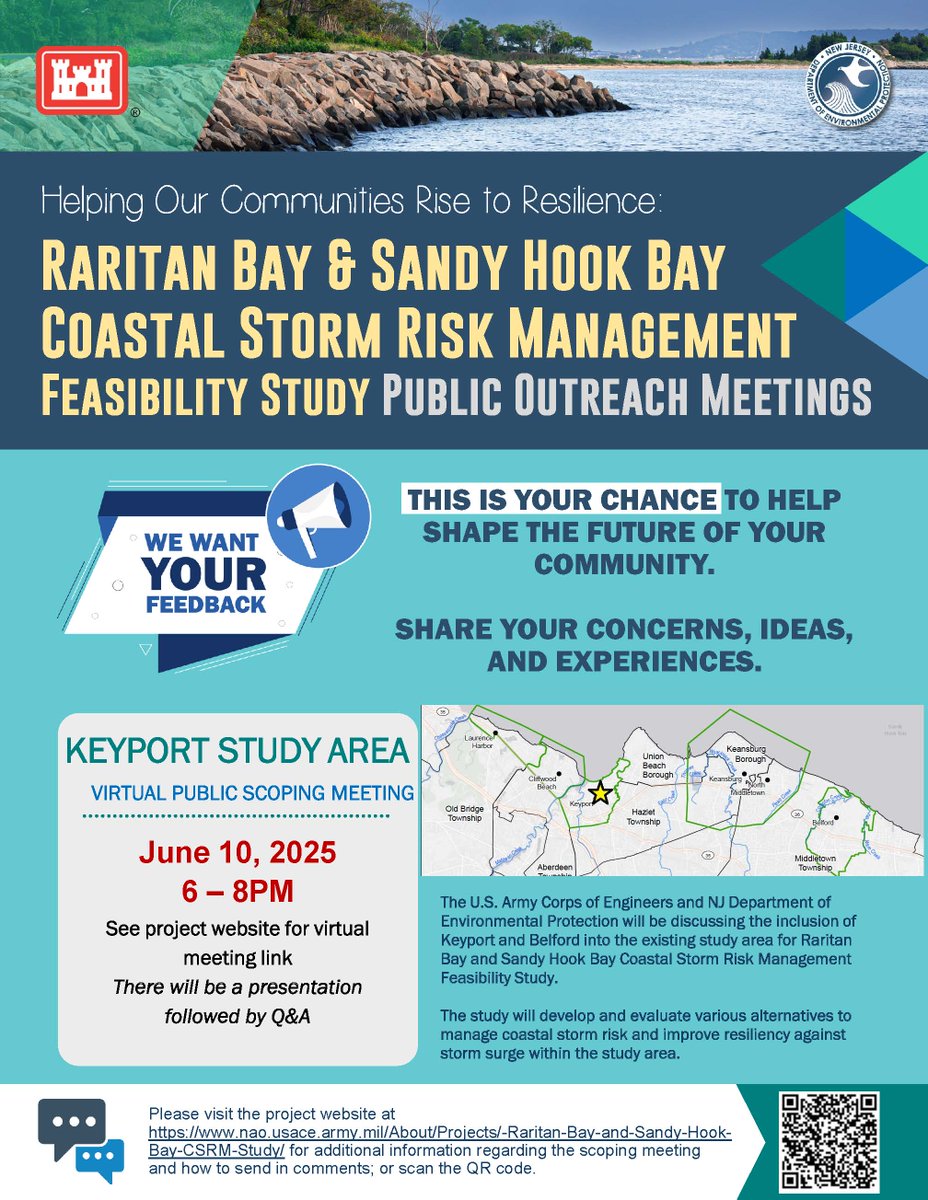 Join us and the <a href="/NewJerseyDEP/">New Jersey Department of Environmental Protection</a> in a virtual public meeting to discuss the possible inclusion of Keyport and Belford in the Raritan Bay and Sandy Hook Bay CSRM Feasibility Study. For details: nao.usace.army.mil/About/Projects…