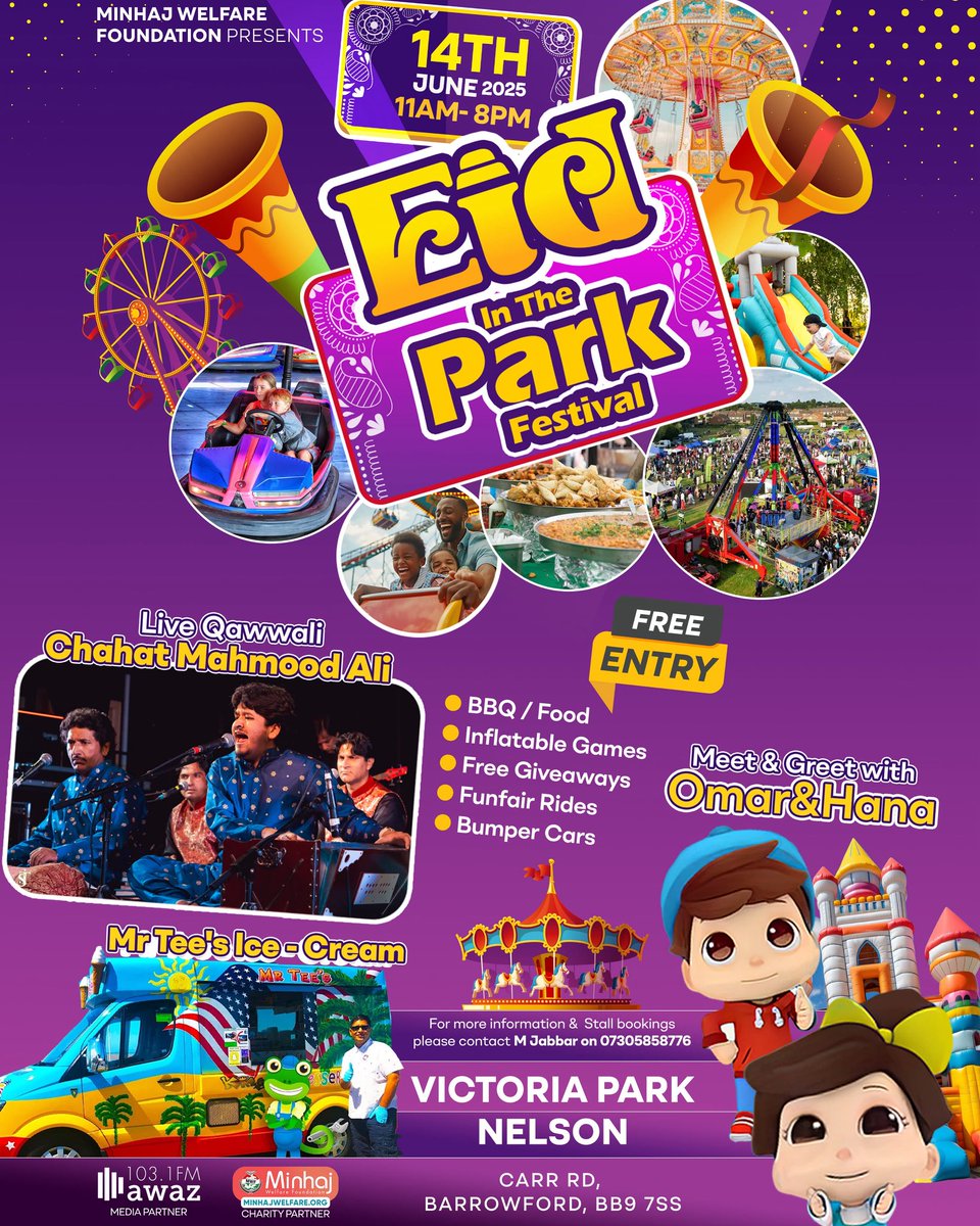 PCR - Awaz 103.1FM (@pendleradio103) on Twitter photo <a href="/pendleradio103/">PCR - Awaz 103.1FM</a> is extremely proud to be the official media partner for the âEid in the Park Festivalâ taking place on Saturday 14th June 2025 from 11am to 8pm at Victoria Park in Nelson. Come & enjoy a fun day out with your family & friends #Stalls #Rides #Food <a href="/minhajwelfare/">Minhaj Welfare</a> <a href="/pendleradio103/">PCR - Awaz 103.1FM</a> is extremely proud to be the official media partner for the âEid in the Park Festivalâ taking place on Saturday 14th June 2025 from 11am to 8pm at Victoria Park in Nelson. Come & enjoy a fun day out with your family & friends #Stalls #Rides #Food <a href="/minhajwelfare/">Minhaj Welfare</a>