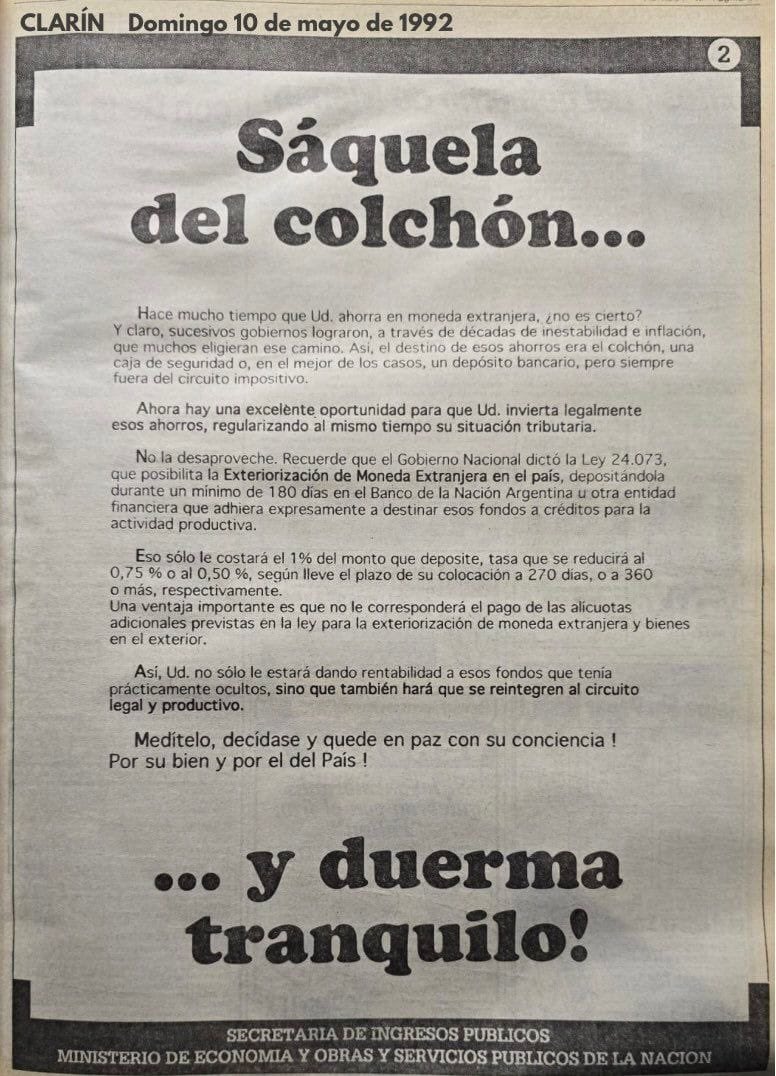VOLVER AL FUTURO, 33 AÑOS DESPUÉS 

También un mes de mayo, pero de 1992, el gobierno menemista invitaba a sacar “el canuto” del colchón.
La historia se repite, y estamos atravesando la fase de farsa.
La farsa Mileista, AVANZA