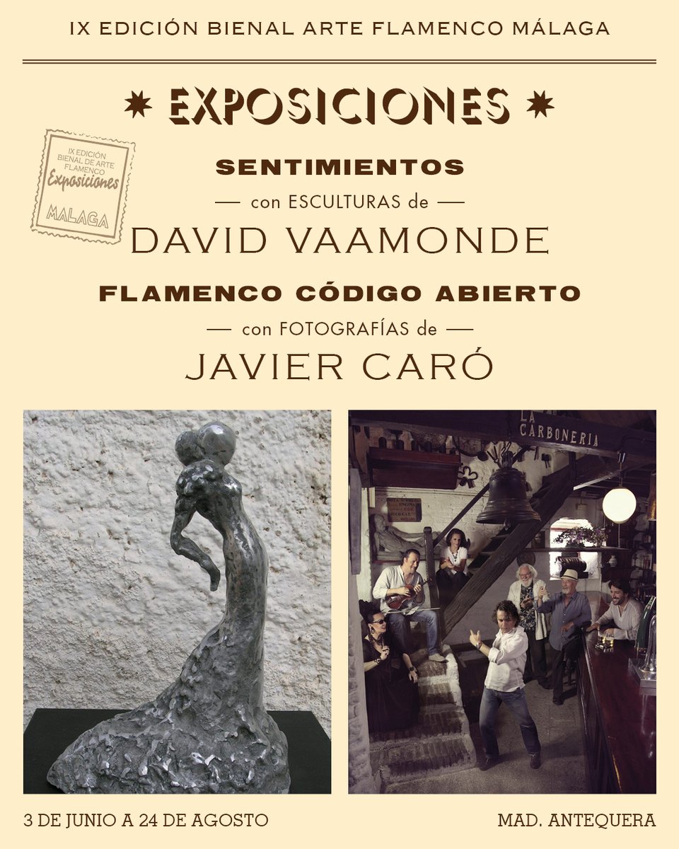 Exposición doble en <a href="/MADantequera/">MAD</a>:
🗓️ Del 3 julio al 24 agosto | 🎟️ Entrada libre

➡️ “Sentimientos”, esculturas de David Vaamonde
➡️ “Flamenco código abierto”, fotos de Javier Caró

Un diálogo visual entre cuerpo, emoción y duende. ♥️

malagaenflamenco.com/bienal2025/105…