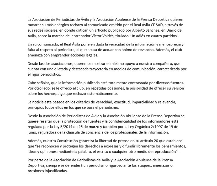 La Asociación de Periodistas de Ávila y la Asociación Abulense de la Prensa Deportiva quieren mostrar su rechazo al comunicado emitido por el <a href="/RealAvilaCF/">Real Ávila CF</a> donde critican un artículo de Diario de Ávila, sobre la marcha de Víctor Valdés, titulado 'Un adiós en cuatro partidos'