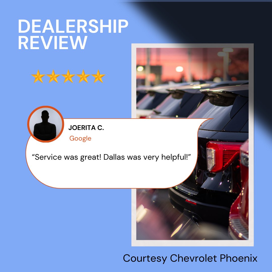 CourtesyChevCom's tweet image. JoeRita, thank you for the great review! We’re so glad to hear that the service was great and that Dallas was helpful. We appreciate your feedback and look forward to assisting you again!