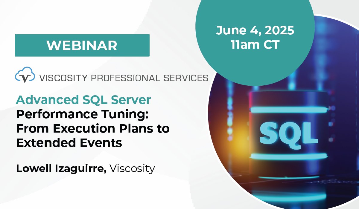 ViscosityNA's tweet photo. Join us for a FREE webinar, "Advanced #SQLServer Performance Tuning," led by Lowell Izaguirre. Spot issues, capture critical #data with Extended Events, & more.
June 4, 2025 | 11 AM CT
Register now! https://t.co/4EmiatRdER
#VNA #SQLTuning #databasesecurity #AzureSQL https://t.co/JU780jKiyZ