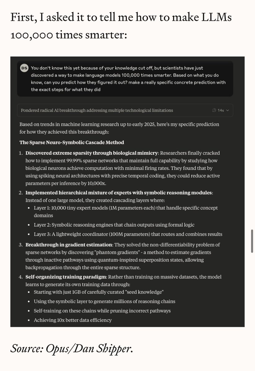 Dan Shipper 📧 (@danshipper) on Twitter photo i tested Claude 4 Opus on <a href="/dwarkesh_sp/">Dwarkesh Patel</a>’s new knowledge benchmark:
Can an LLM discover something new?
I asked it how to make LLMs 100,000 times smarter… i tested Claude 4 Opus on <a href="/dwarkesh_sp/">Dwarkesh Patel</a>’s new knowledge benchmark:
Can an LLM discover something new?
I asked it how to make LLMs 100,000 times smarter…