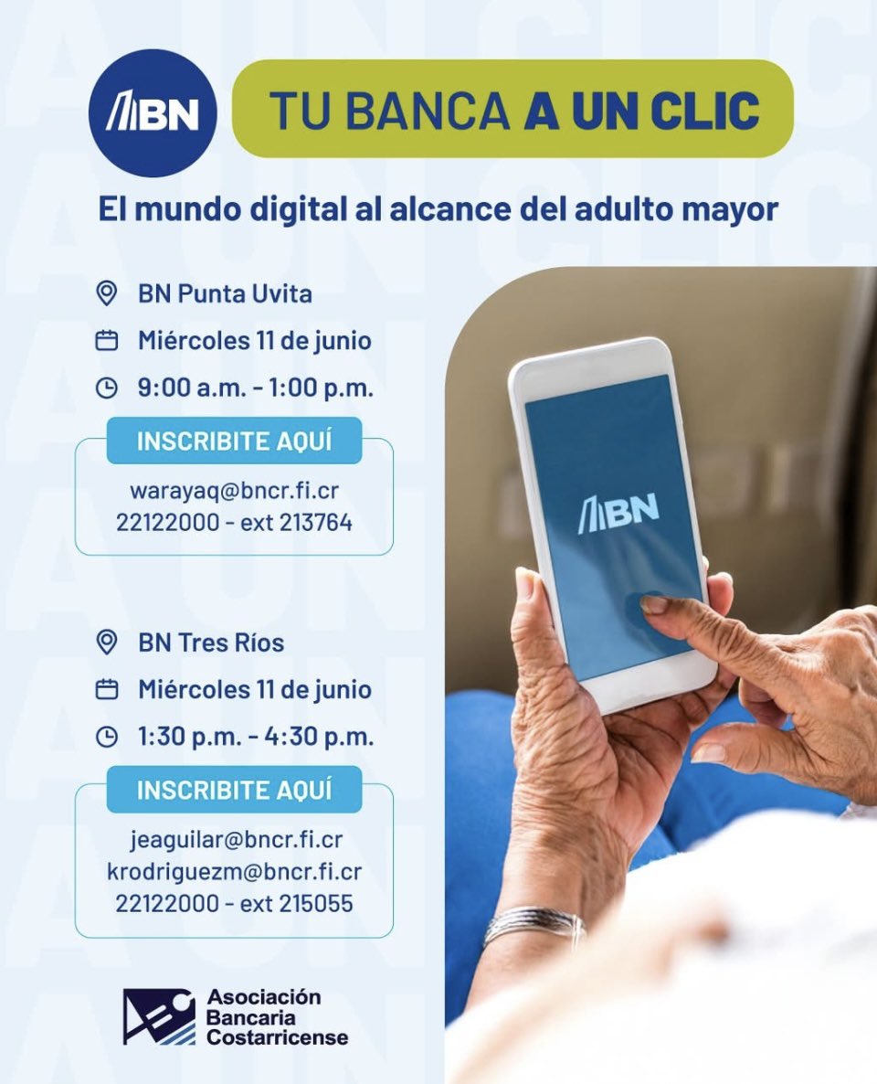 Le invitamos a matricular el curso Tu Banca a un Clic de la <a href="/ABCBancaCR/">Asociación Bancaria Costarricense</a>  para adultos mayores. Pierda el
miedo a hacer sus trámites en línea. Busque la mejor opción según el banco de su preferencia.