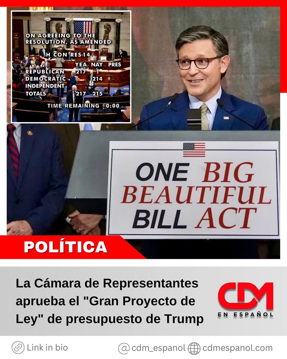 POLÍTICA 🏛️ | La Cámara de Representantes aprueba el "Gran Proyecto de Ley" de presupuesto de Trump

🔗 Link: cdmespanol.com/2025/05/22/la-…
➕ Para más noticias visita: cdmespanol.com

#CDMenEspañol #Noticias #Política #Trump #OneBigBeautifulBill #Presupuesto