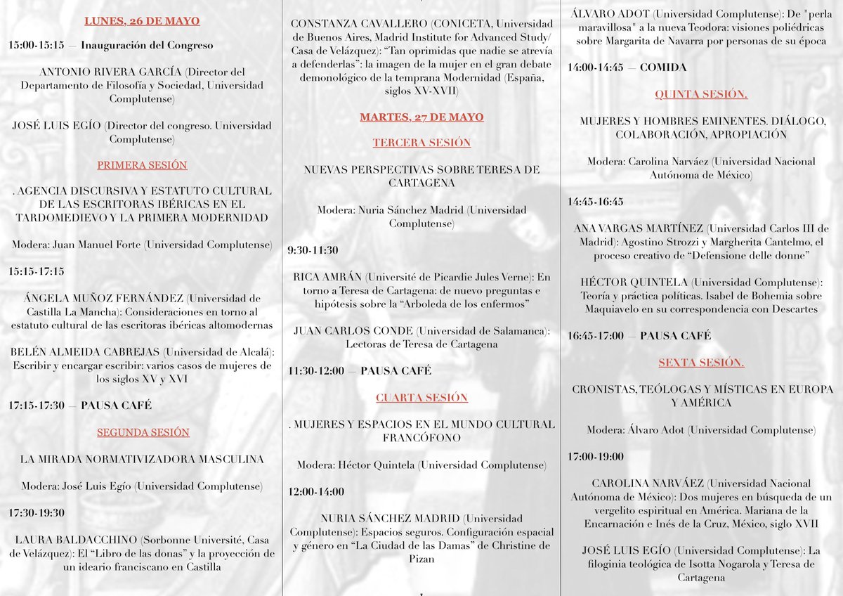 Historia y Ontología del Presente (GHyOP) (@ghyop_ucm) on Twitter photo Disputar el marco normativo en el Tardo Medioevo y la Primera Modernidad. Mujeres escritoras y escritos filóginos
🗓️ 26 y 27 de mayo
🏠 <a href="/FilosofiaUCM/">Facultad de Filosofía UCM</a>
Cartel y programa, aquí 👇👇👇 Disputar el marco normativo en el Tardo Medioevo y la Primera Modernidad. Mujeres escritoras y escritos filóginos
🗓️ 26 y 27 de mayo
🏠 <a href="/FilosofiaUCM/">Facultad de Filosofía UCM</a>
Cartel y programa, aquí 👇👇👇