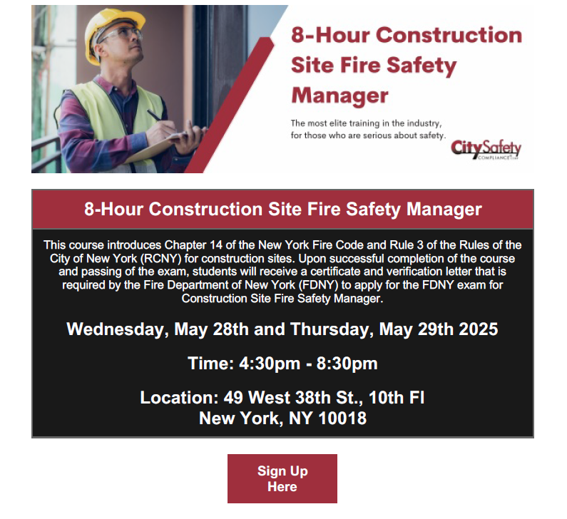 Upcoming 8-Hour Construction Site Fire Safety Manager Course!

Visit citysafetycompliance.com to sign up! 

#firesafetymanager #upcomingtraining #construction #safetytraining