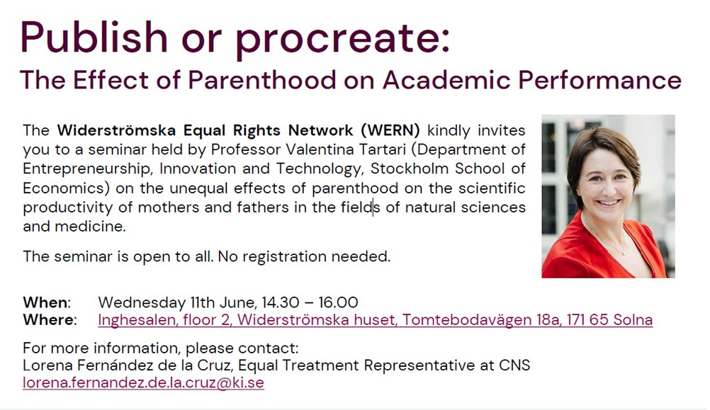 "Publish or Procreate: The Effect of Parenthood on Academic Performance"
Join Prof. Valentina Tartari on June 11, 14:30–16:00 at Inghesalen, Solna.
Explore how parenthood impacts scientific productivity in medicine &amp; the natural sciences.
#Academia #GenderEquity #ScienceCareers