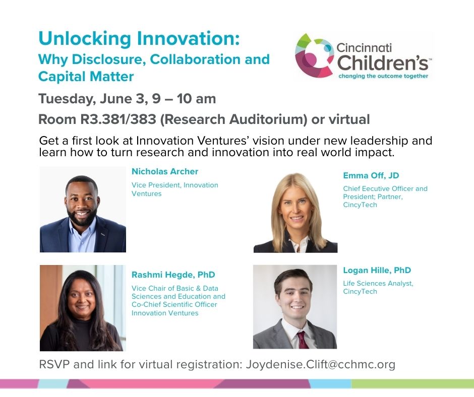 Cincinnati Children’s Research (@cincyresearch) on Twitter photo Turn research and innovation into impact! Don't miss this dynamic commercialization panel discussion. 6/3, 9 -10 am in the Research Aud. First looks at Innovation Ventures' vision under new leadership. RSVP and Link for Virtual Reg.: Joydenise.Clift@cchmc.org
<a href="/CincyChildrens/">Cincinnati Children's</a> Turn research and innovation into impact! Don't miss this dynamic commercialization panel discussion. 6/3, 9 -10 am in the Research Aud. First looks at Innovation Ventures' vision under new leadership. RSVP and Link for Virtual Reg.: Joydenise.Clift@cchmc.org
<a href="/CincyChildrens/">Cincinnati Children's</a>