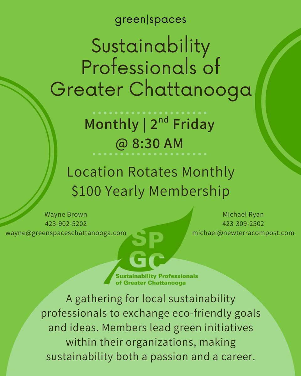 In the Chattanooga area and looking to connect with other sustainability professionals? Look no further! Join Sustainability Professionals of Greater Chattanooga!♻️

This group meets monthly to network, share opportunities, and share the joy of being eco-friendly!🌱