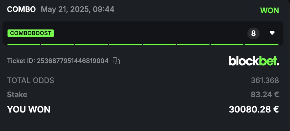 My biggest ever parlay win from € 83 to € 30,080 with odds of 361

A HUGE shout out to <a href="/AceTheTennis/">AceTheTennis</a>, as it was his card that he shared in the <a href="/mooncatbets/">MCB</a> Discord, he picked underdog after underdog (according to the bookies) and he read all the games in to perfection

It was a