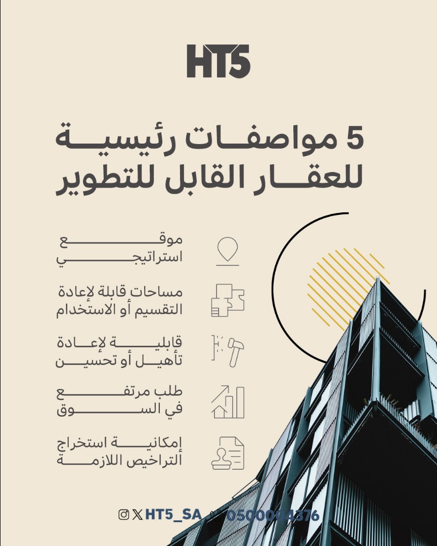 HT5_SA's tweet photo. ماذا يعني عقار قابل للتطوير؟ 🤔
هو العقار الذي يملك مقومات لتحويله من مجرد أرض أو مبنى إلى مشروع استثماري ناجح!

 ابدأ رحلتك في التطوير العقاري مع خبراء #HT5🤝

 #عقارات_الرياض #استثمار_عقاري #عقارات_HT5 #وساطة_عقارية #تسويق_عقارات https://t.co/N66Tmzd9AG
