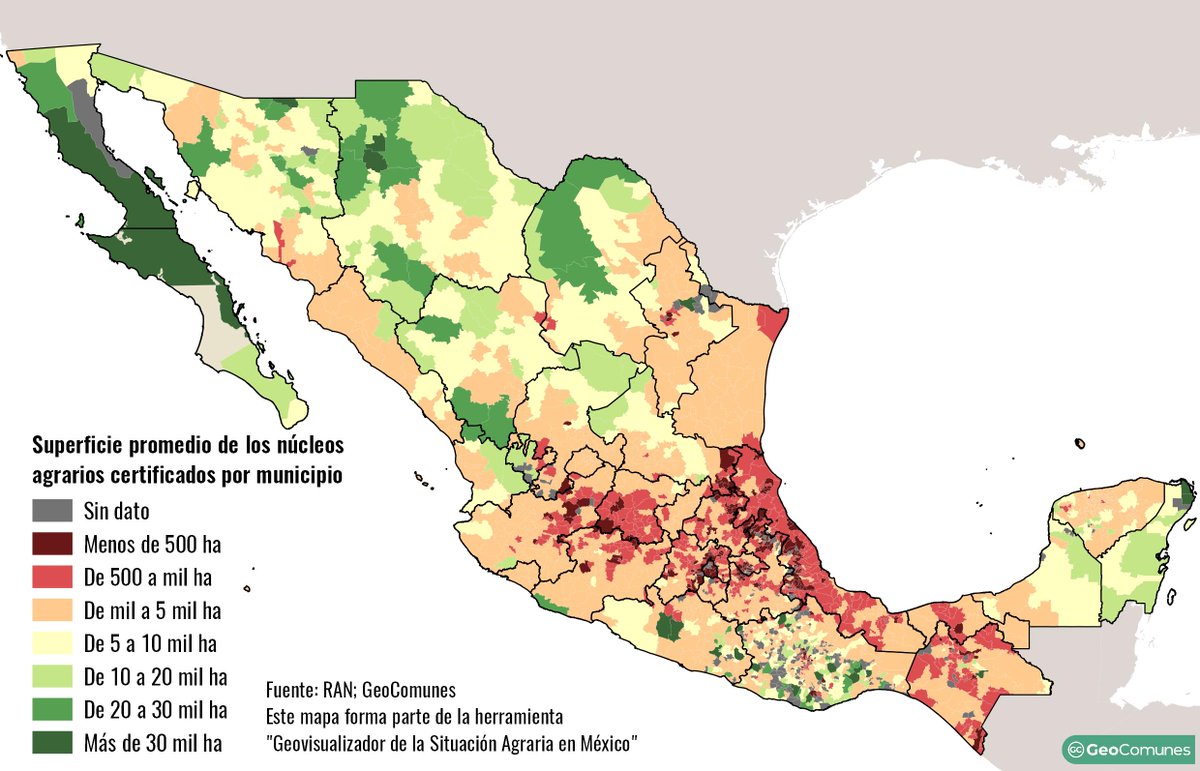 ¿Cuál es el tamaño de los ejidos y de las comunidades agrarias en México?

En promedio, la superficie por núcleo agrario en el país es de poco más de 3 mil hectáreas, siendo el promedio de la superficie de las comunidades muy superior a la de los ejidos (7,164 ha contra 2,757 ha)