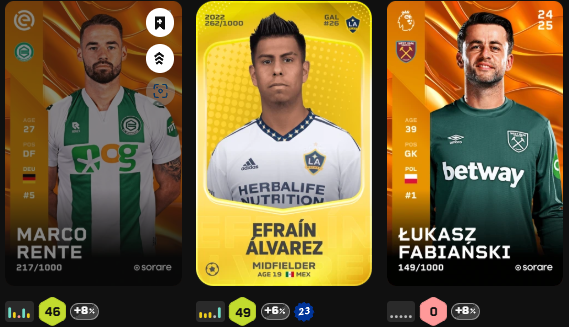 #Sorare #Giveaway           
I AM GIVING AWAY THESE 3 CARDS TO SOMEONE WHO:  -Follows, likes, and retweets this post               
-Comments their gallery name               
And if you want to join Sorare, use this link sorare.com/r/jefzy