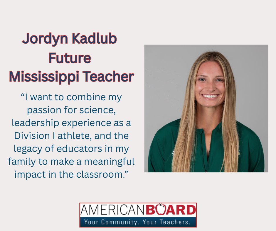 Congrats to Jordyn Kadlub, an #ABCTE 2025 scholarship recipient! She’s preparing to teach chemistry in Mississippi. We’re excited to support her journey into the classroom, and women to pursue teaching STEM!
#ScholarshipOpportunity #STEMteachers #TeacherAppreciationWeek2025!