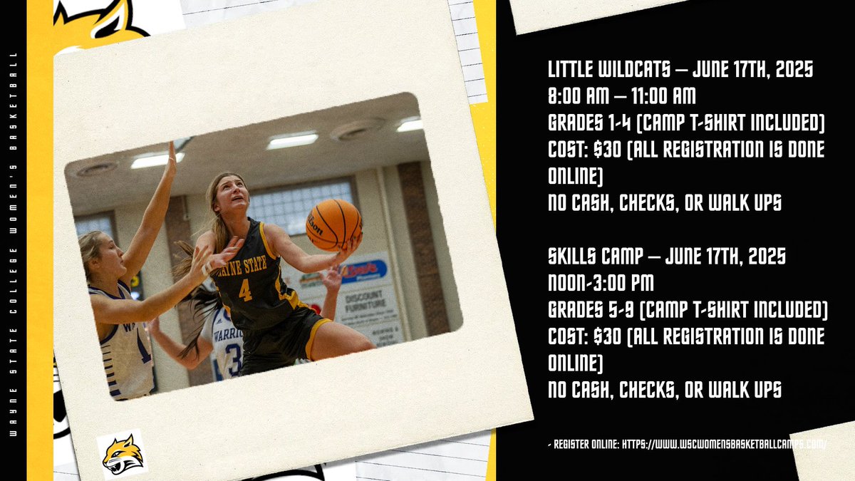 Registration is live for Skills Camp (Grades 5-9) and Little Wildcats Camp (Grades 1-4) on June 17th hosted by WSC Women’s Basketball! Sign up today so you don’t miss out!! 🏀⛹🏻‍♀️🐾🐯

tinyurl.com/mvp6ba8c