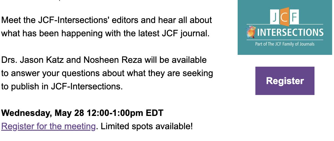 Nosheen Reza, MD, MS (@noshreza) on Twitter photo Next week, <a href="/JasonKatzMD/">Jason N. Katz</a> & I will be hangin' out for our first (of hopefully many) <a href="/JCFINT/">JCF Intersections</a> Office Hours!
Join us 5/28 at 12p EDT to learn more about what we're hoping to accomplish with <a href="/JCFINT/">JCF Intersections</a>, the newest member of the <a href="/JCardFail/">Journal of Cardiac Failure</a> #JCFFamily
Reach out to us for registration 🔗! Next week, <a href="/JasonKatzMD/">Jason N. Katz</a> & I will be hangin' out for our first (of hopefully many) <a href="/JCFINT/">JCF Intersections</a> Office Hours!
Join us 5/28 at 12p EDT to learn more about what we're hoping to accomplish with <a href="/JCFINT/">JCF Intersections</a>, the newest member of the <a href="/JCardFail/">Journal of Cardiac Failure</a> #JCFFamily
Reach out to us for registration 🔗!