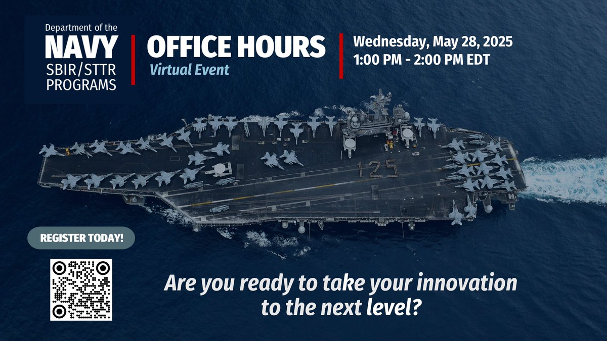 Join us for our next Navy SBIR Office Hours on May 28th —a dynamic, 1-hour virtual event designed for small businesses and innovators eager to collaborate with the Navy SBIR/STTR program! Register at: lu.ma/navy-sbir-oh-0…  #SBIR #STTR #NAVY #DONSBIR #DONSBIRSTTROfficeHours
