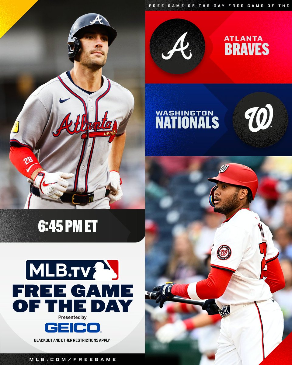 MLB.TV (@mlbtv) on Twitter photo The <a href="/Braves/">Atlanta Braves</a> and the <a href="/Nationals/">Washington Nationals</a> conclude their series in D.C.
Watch FREE at 6:45 PM ET on #MLBTV
(MLB x GEICO) The <a href="/Braves/">Atlanta Braves</a> and the <a href="/Nationals/">Washington Nationals</a> conclude their series in D.C.
Watch FREE at 6:45 PM ET on #MLBTV
(MLB x GEICO)