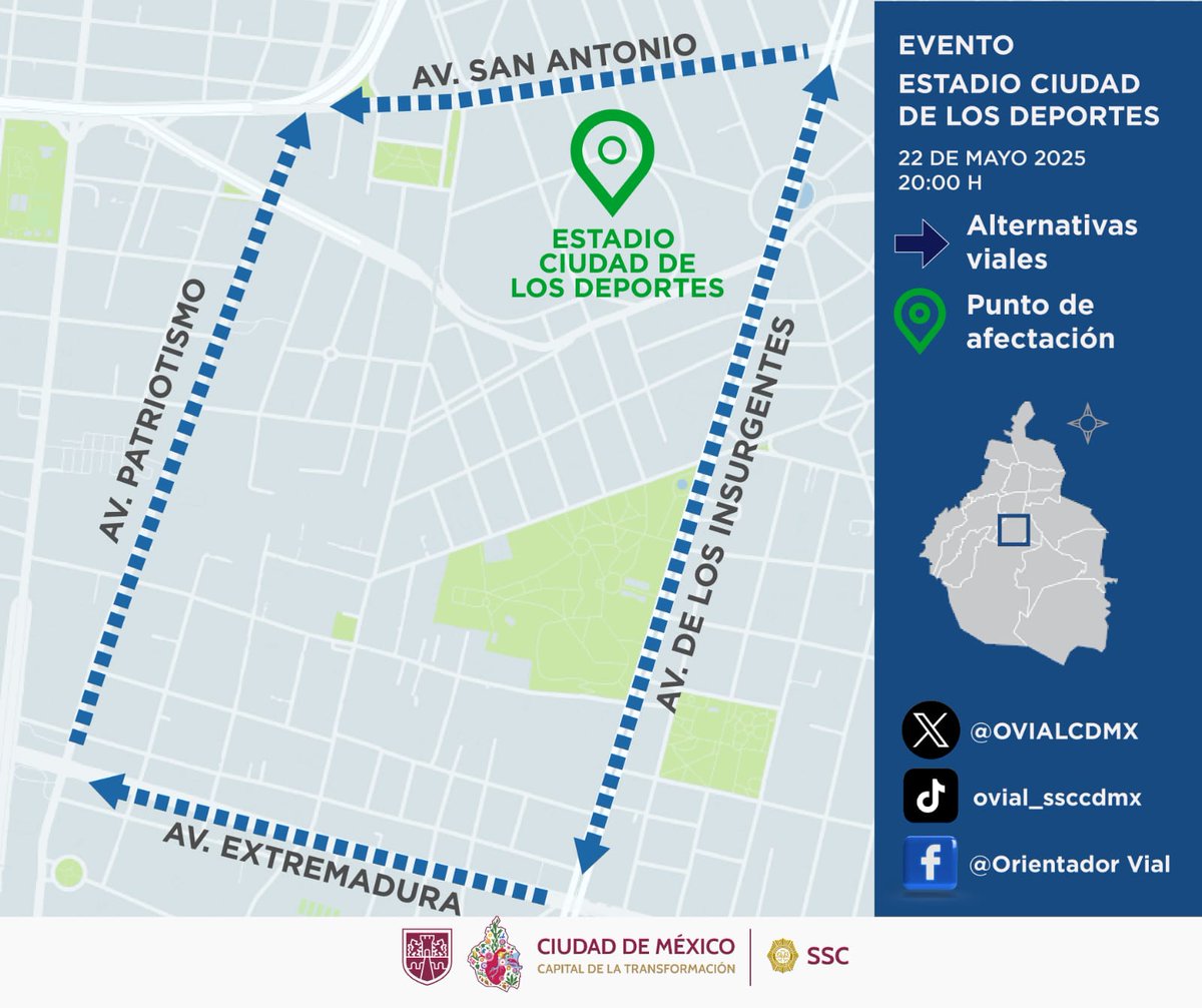 SSC_CDMX's tweet photo. #BoletínSSC | #DISPOSITIVO | Para el partido de ida de la final de la Liga MX, entre los equipos @ClubAmerica y @TolucaFC, policías de la #SSC desplegarán un dispositivo de vigilancia y prevención, a fin de resguardar la integridad física de los aficionados y participantes que acudan al @estadiocdd, ubicado en @BJAlcaldia.

Para el partido, que iniciará a la 20:00 horas de este jueves 22 de mayo, la #SSC desplegará 859 efectivos, quienes estarán apoyados con 53 patrullas, 11 motocicletas, un autobús, cuatro grúas, una ambulancia del #ERUM y un helicóptero de la Dirección Ejecutiva de Servicios Aéreos #Cóndores, mediante el cual se vigilará desde el aire el desarrollo de las acciones. https://t.co/t8kcjJI6Qt
