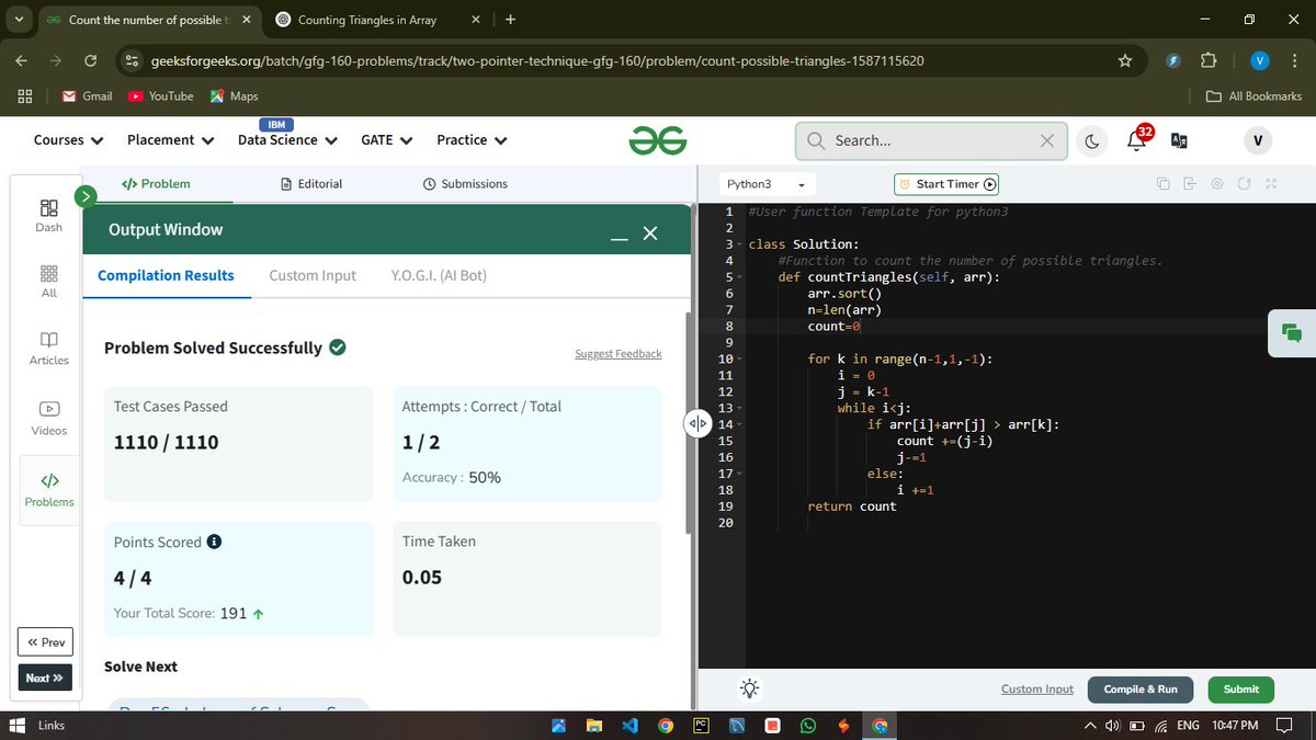 vaibhavp2026's tweet image. ✅ Day 55 Done! Cracked the triangle counting problem with full marks – 1110/1110 test cases passed! #GFG160Days #CodingChallenge #PythonSuccess #gfg160 #geekstreak2025 @geeksforgeeks