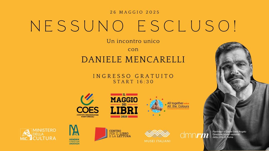Il 26 maggio h 16.30
al <a href="/MuseoAndersen/">Casa Museo Hendrik C. Andersen</a> in collaborazione con il Centro per il Libro e la Lettura
“𝐍𝐞𝐬𝐬𝐮𝐧𝐨 𝐄𝐬𝐜𝐥𝐮𝐬𝐨!", incontro letterario promosso da COES Comitato Organizzatore Eventi Speciali.
Con Daniele Mencarelli.
Ingresso fino a esaurimento posti.