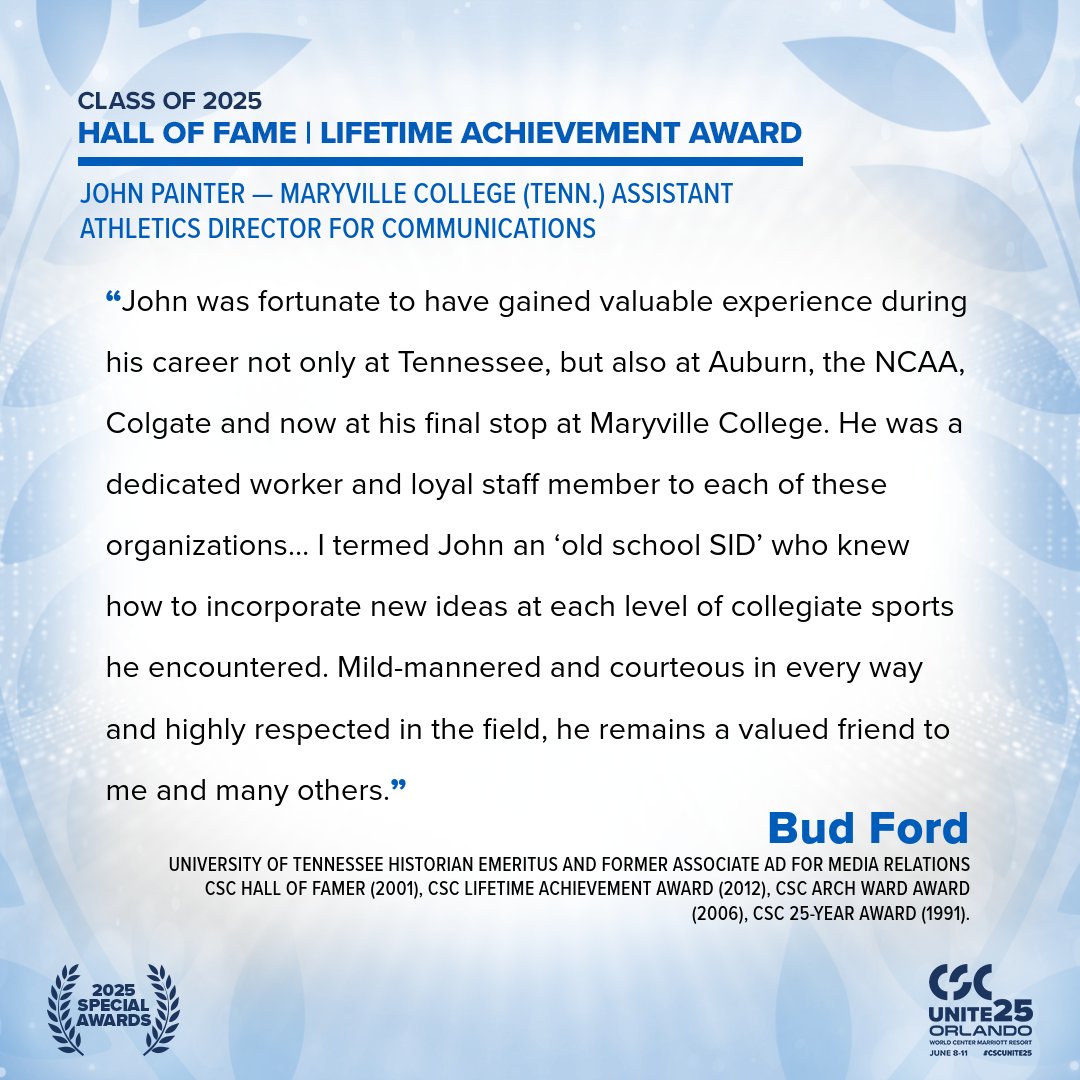 College Sports Communicators (@collsportscomm) on Twitter photo Bud Ford of <a href="/Vol_Sports/">Tennessee Athletics</a> with some kind words on CSC Hall of Fame Class of 2025 inductee and 2025 CSC Lifetime Achievement Award recipient John Painter of <a href="/MCScots/">Maryville College Athletics</a>: Bud Ford of <a href="/Vol_Sports/">Tennessee Athletics</a> with some kind words on CSC Hall of Fame Class of 2025 inductee and 2025 CSC Lifetime Achievement Award recipient John Painter of <a href="/MCScots/">Maryville College Athletics</a>: