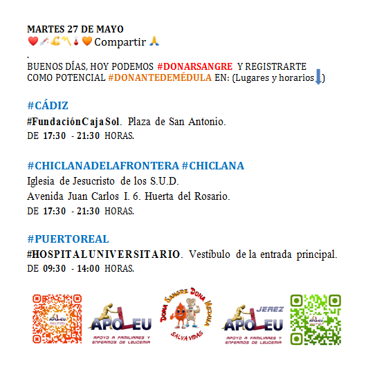 ApoLeu Jerez (@apoleujerez) on Twitter photo MARTES 27 MAYO PUEDE #DONARSANGRE Y REGISTRARSE COMO #DONANTEDEMÉDULA
<a href="/ApoLeu/">ApoLeu</a> EN ❤️💉💪〽️🌡🧡 RT🙏
#CÁDIZ
<a href="/AyuntaCadiz/">Ayuntamiento Cádiz </a> <a href="/Cadiz_Fundacion/">Cádiz CF Fundación</a> <a href="/PacoLuy/">Paco Gómez Luy</a> <a href="/CadistasEA/">𝘾𝙖𝙙𝙞𝙨𝙩𝙖𝙨 𝙚𝘾𝙡𝙪𝙗 | 🇪🇸</a> <a href="/SaludLocalCadiz/">RELAS-Cádiz</a> <a href="/HUPMCadiz/">HospitalPuertadelMar</a> <a href="/portaldecadiz/">Portal de Cádiz</a> <a href="/cadizhoy/">Cadiz Hoy</a> <a href="/vivacadiz/">Viva Cádiz</a> <a href="/Cadiz_CF/">Cádiz Club de Fútbol</a> <a href="/portalcadista/">Portal Cadista</a> <a href="/Cajasol/">Fundación Cajasol</a> <a href="/CSocialUCA/">Consejo Social UCA</a>
#DONAMÉDULA MARTES 27 MAYO PUEDE #DONARSANGRE Y REGISTRARSE COMO #DONANTEDEMÉDULA
<a href="/ApoLeu/">ApoLeu</a> EN ❤️💉💪〽️🌡🧡 RT🙏
#CÁDIZ
<a href="/AyuntaCadiz/">Ayuntamiento Cádiz </a> <a href="/Cadiz_Fundacion/">Cádiz CF Fundación</a> <a href="/PacoLuy/">Paco Gómez Luy</a> <a href="/CadistasEA/">𝘾𝙖𝙙𝙞𝙨𝙩𝙖𝙨 𝙚𝘾𝙡𝙪𝙗 | 🇪🇸</a> <a href="/SaludLocalCadiz/">RELAS-Cádiz</a> <a href="/HUPMCadiz/">HospitalPuertadelMar</a> <a href="/portaldecadiz/">Portal de Cádiz</a> <a href="/cadizhoy/">Cadiz Hoy</a> <a href="/vivacadiz/">Viva Cádiz</a> <a href="/Cadiz_CF/">Cádiz Club de Fútbol</a> <a href="/portalcadista/">Portal Cadista</a> <a href="/Cajasol/">Fundación Cajasol</a> <a href="/CSocialUCA/">Consejo Social UCA</a>
#DONAMÉDULA