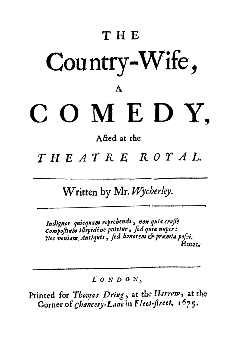 #RestorationAge365
12 Jan 1675
William Wycherley satire The Country-Wife is staged at Drury Lane's Theatre Royal and utterly shocks.
It takes sex comedy to new levels, and several women decry it, yet it highlights human nature and certain problems in society.
#theatre #history