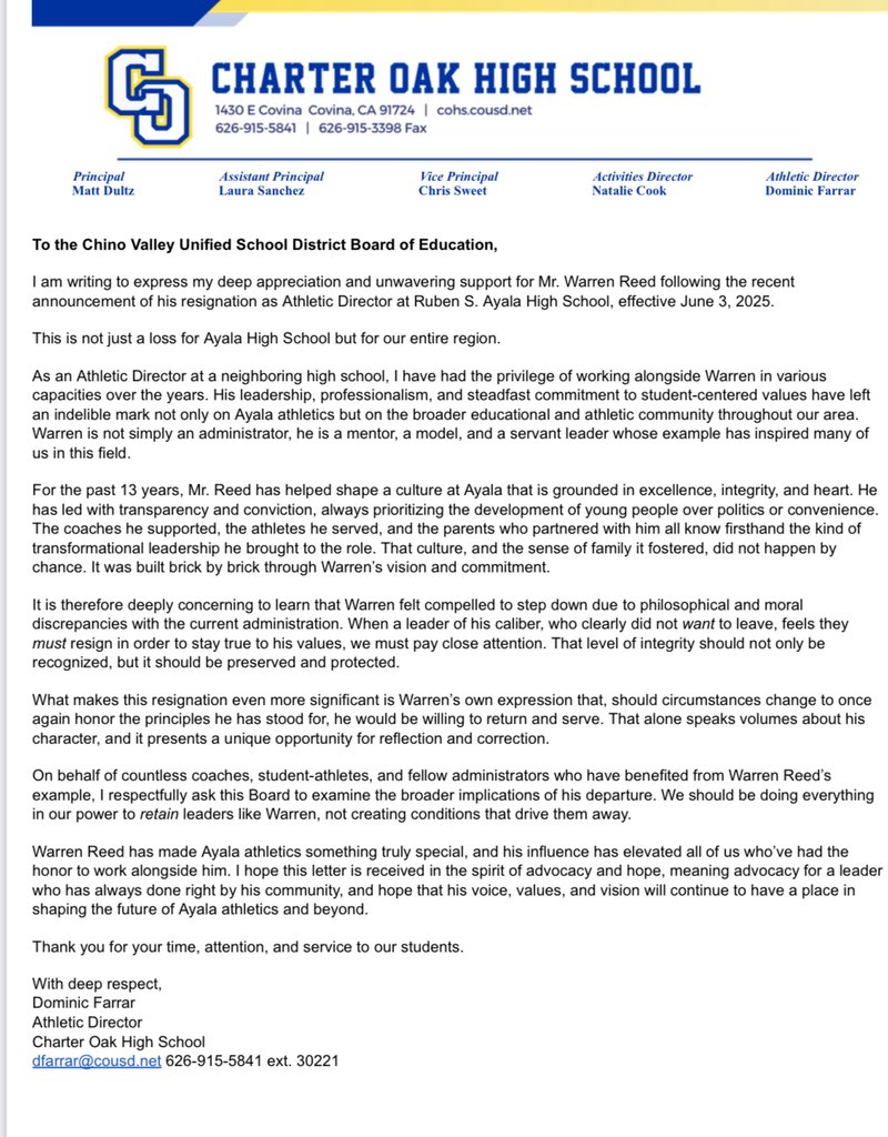 James Escarcega 📈🏈🏀⚾️🥎 🤼🤽🏽♂️🏊🏼♀️🏌🏻⚽️ (@james_escarcega) on Twitter photo Charter Oak AD Dom Farrar pens a letter of support about friend and business partner Warren Reed of Ayala HS. <a href="/latsondheimer/">eric sondheimer</a> Charter Oak AD Dom Farrar pens a letter of support about friend and business partner Warren Reed of Ayala HS. <a href="/latsondheimer/">eric sondheimer</a>