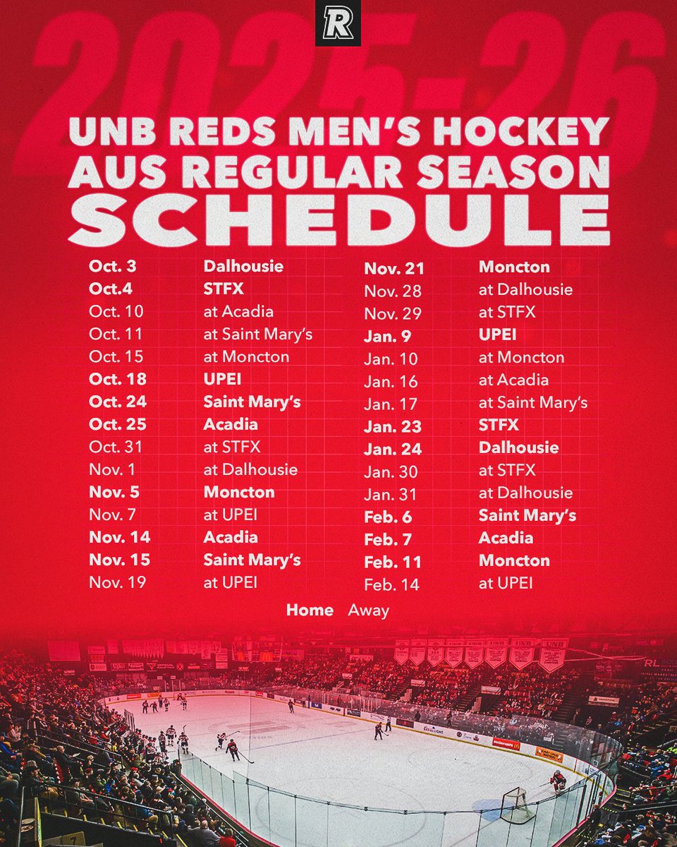 REDS Nation, get fired up🔥

The 2025-26 AUS Men’s Hockey schedule just dropped!

<a href="/UNBMHockey/">UNB Men’s Hockey</a> | #goredsgo