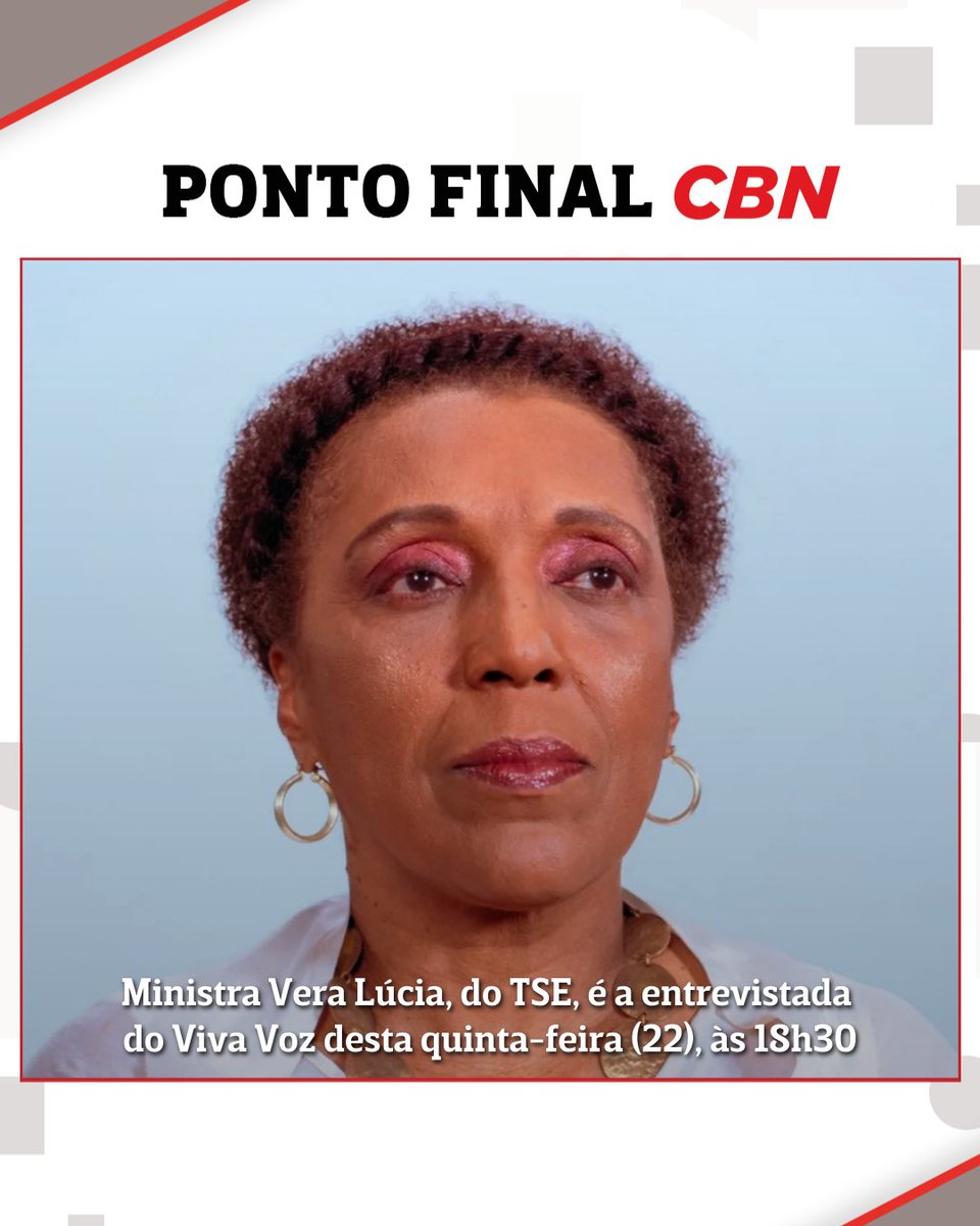 Rádio CBN (@cbnoficial) on Twitter photo No Viva Voz desta quinta-feira (22), Vera Magalhães, <a href="/carolmorand/">Carolina Morand</a> e <a href="/guilhermemuniz/">Guilherme Muniz</a> recebem a ministra substituta do TSE, Vera Lúcia, a partir das 18h30. Acompanhe ao vivo pelo site, app ou Youtube da CBN. #NoArNaCBN No Viva Voz desta quinta-feira (22), Vera Magalhães, <a href="/carolmorand/">Carolina Morand</a> e <a href="/guilhermemuniz/">Guilherme Muniz</a> recebem a ministra substituta do TSE, Vera Lúcia, a partir das 18h30. Acompanhe ao vivo pelo site, app ou Youtube da CBN. #NoArNaCBN