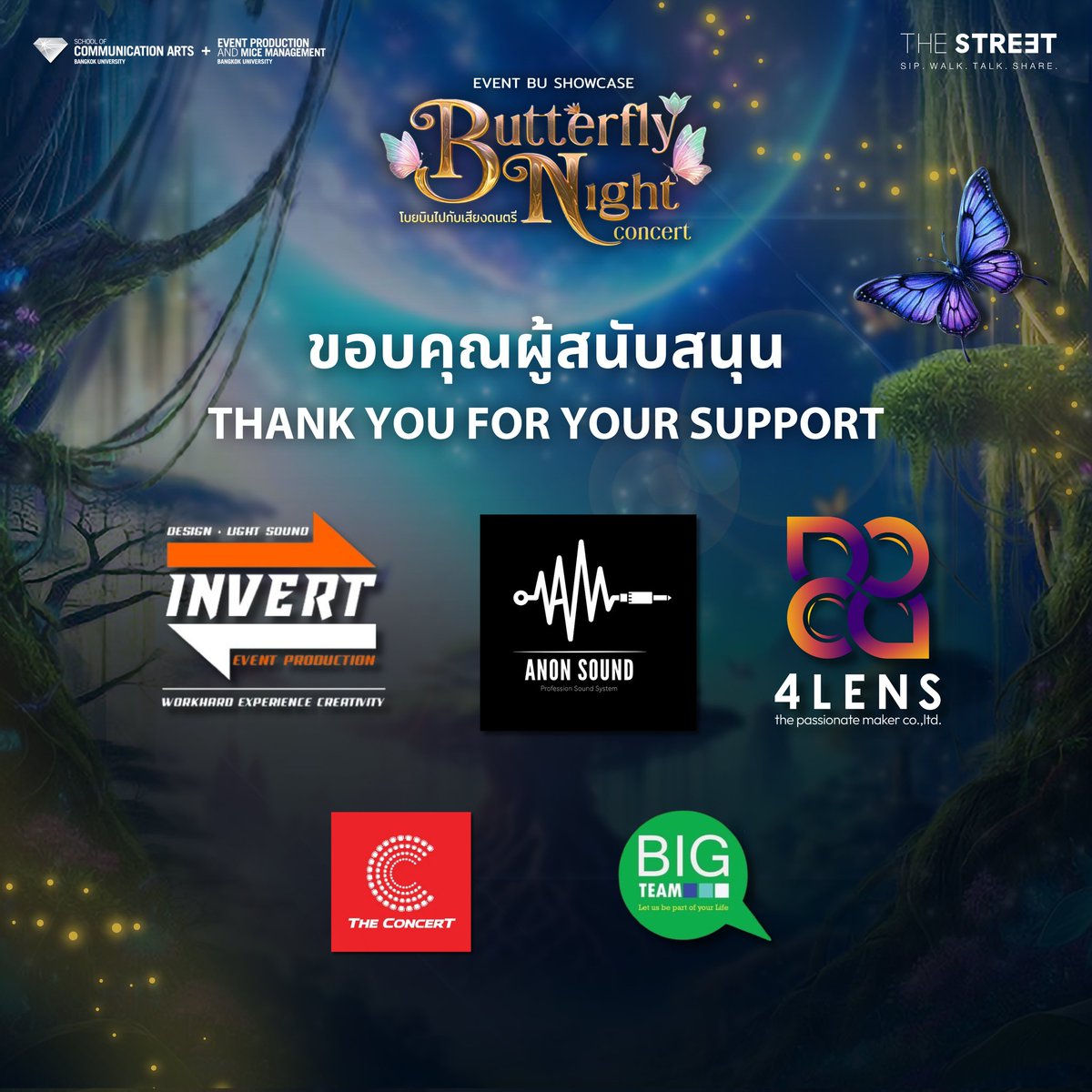 Butterfly_FHC's tweet photo. ขอขอบคุณสปอนเซอร์และผู้ใหญ่ใจดีทุกท่านที่ร่วมให้การสนับสนุนงาน Butterfly Night Concert ในครั้งนี้ให้ออกมาสมบูรณ์

#ButterflyNight_Concert
#คอนเสิร์ตโบยบินไปกับเสียงดนตรี
#FeelFreeLikeAButterfly
#TheStreetRatchada #EventBU
#BenzKhaokhwan
#Galchanie
#Tobii #IRONBOY #ARCHY
#CDGUNTEE https://t.co/mqzlBlCX67