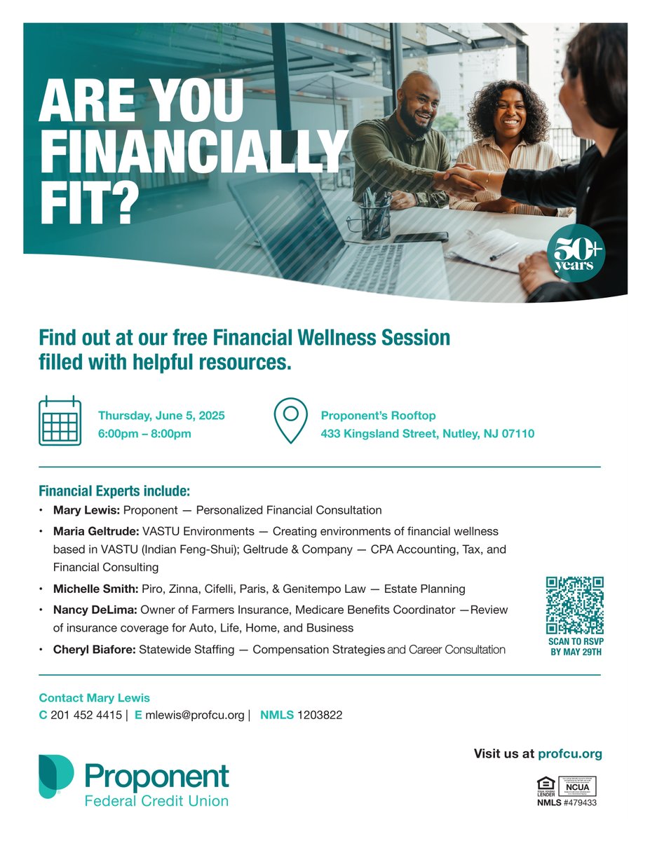 What’s your #financial fitness level? Learn how to set, measure and work toward your #goals with our friends at <a href="/proponentfcu/">Proponent FCU</a>. When: Thursday, June 5, from 6-8 p.m. Where: 433 Kingsland St., #Nutley. RSVP via campaign.documatix.com/DPS/WebForms/W… by May 29!