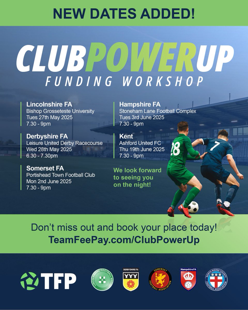 TeamFeePay (@teamfeepay) on Twitter photo π₯ We are back on the road with our second series of Roadshow dates!
If we're in your area, come on down and join your local grassroots community in chatting all things grants and funding!
<a href="/LincolnshireFA/">Lincolnshire FA</a> | Tue 27 May 2025 | 7.30 - 9pm
<a href="/DerbyshireFA/">Derbyshire FA</a> | Wed 28 May 2025 | 6.30 - π₯ We are back on the road with our second series of Roadshow dates!
If we're in your area, come on down and join your local grassroots community in chatting all things grants and funding!
<a href="/LincolnshireFA/">Lincolnshire FA</a> | Tue 27 May 2025 | 7.30 - 9pm
<a href="/DerbyshireFA/">Derbyshire FA</a> | Wed 28 May 2025 | 6.30 -