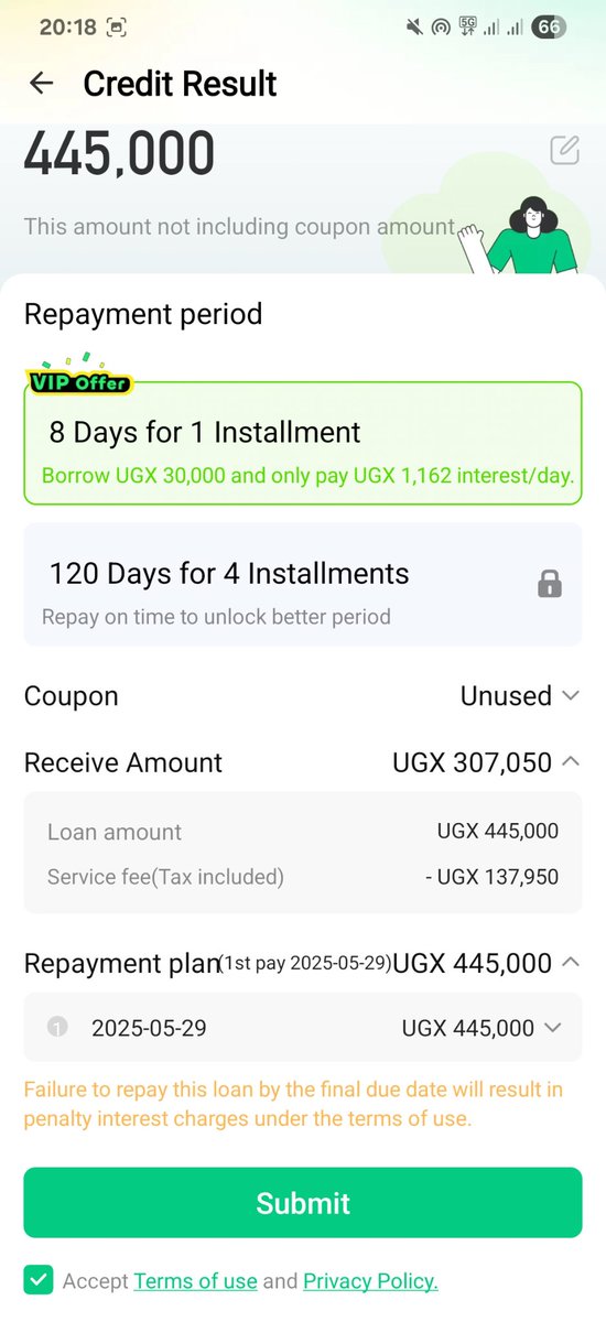 castutes's tweet photo. @BOU_Official and @UgMicrofinAuth : this is for you to take action. Screenshot taken on May 22, 2025. The Service Fee, and loan term of 7 days? Over to you. This is from QuickSente, a product of Volantis Company Ltd, a supposedly licensed money lender in Uganda. https://t.co/7M4n8CMMCS