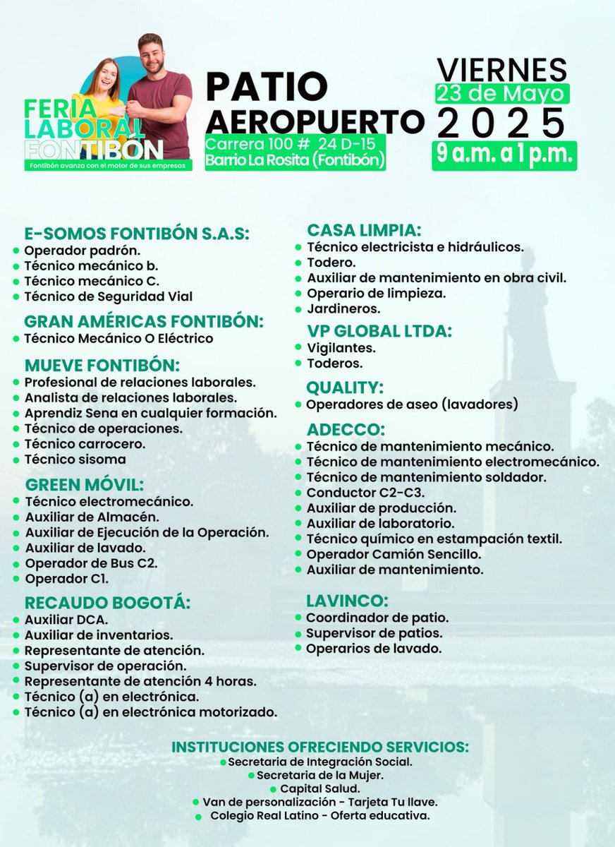 ¿Están buscando trabajo?

Los invitamos a participar en la Feria Empleabilidad en Fontibón, mañana, viernes 23 de mayo, en el Patio Aeropuerto, de 9 a.m. a 1 p.m. Serán más de diez empresas con vacantes en áreas como mantenimiento, mecánica, limpieza, logística y conducción, etc.