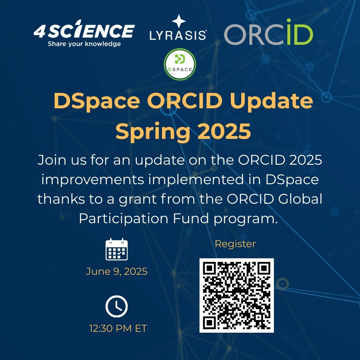 4Science (@4scienceit) on Twitter photo New Webinar!
DSpace ORCID Update Spring 2025
June 9th
12:30 PM ET
REGISTER:llyrasis.zoom.us/meeting/regist…
Join us for an update on the <a href="/ORCID_Org/">ORCID Organization</a> improvements implemented in DSpace this year thanks to a grant from the ORCID Global Participation Fund program.
<a href="/dspacetweets/">DSpace Community</a> New Webinar!
DSpace ORCID Update Spring 2025
June 9th
12:30 PM ET
REGISTER:llyrasis.zoom.us/meeting/regist…
Join us for an update on the <a href="/ORCID_Org/">ORCID Organization</a> improvements implemented in DSpace this year thanks to a grant from the ORCID Global Participation Fund program.
<a href="/dspacetweets/">DSpace Community</a>