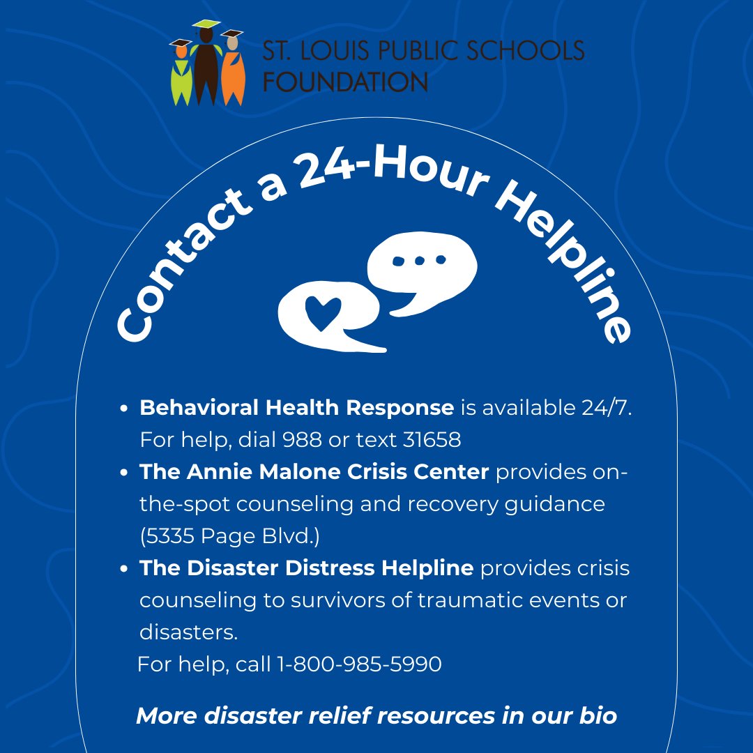 StlEdFund's tweet image. 100% of gifts will go toward supporting the health, wellness, and recovery of SLPS students, educators, and families. 

Donate to relief efforts at: tinyurl.com/4tbeykp8.