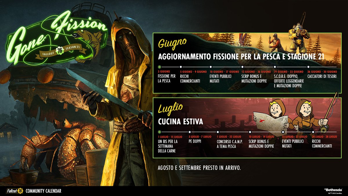 Il nostro ultimo calendario della community per giugno e luglio è qui, a cui presto si aggiungeranno anche agosto e settembre. 📅

Quali eventi attendete con più ansia? #Fallout76