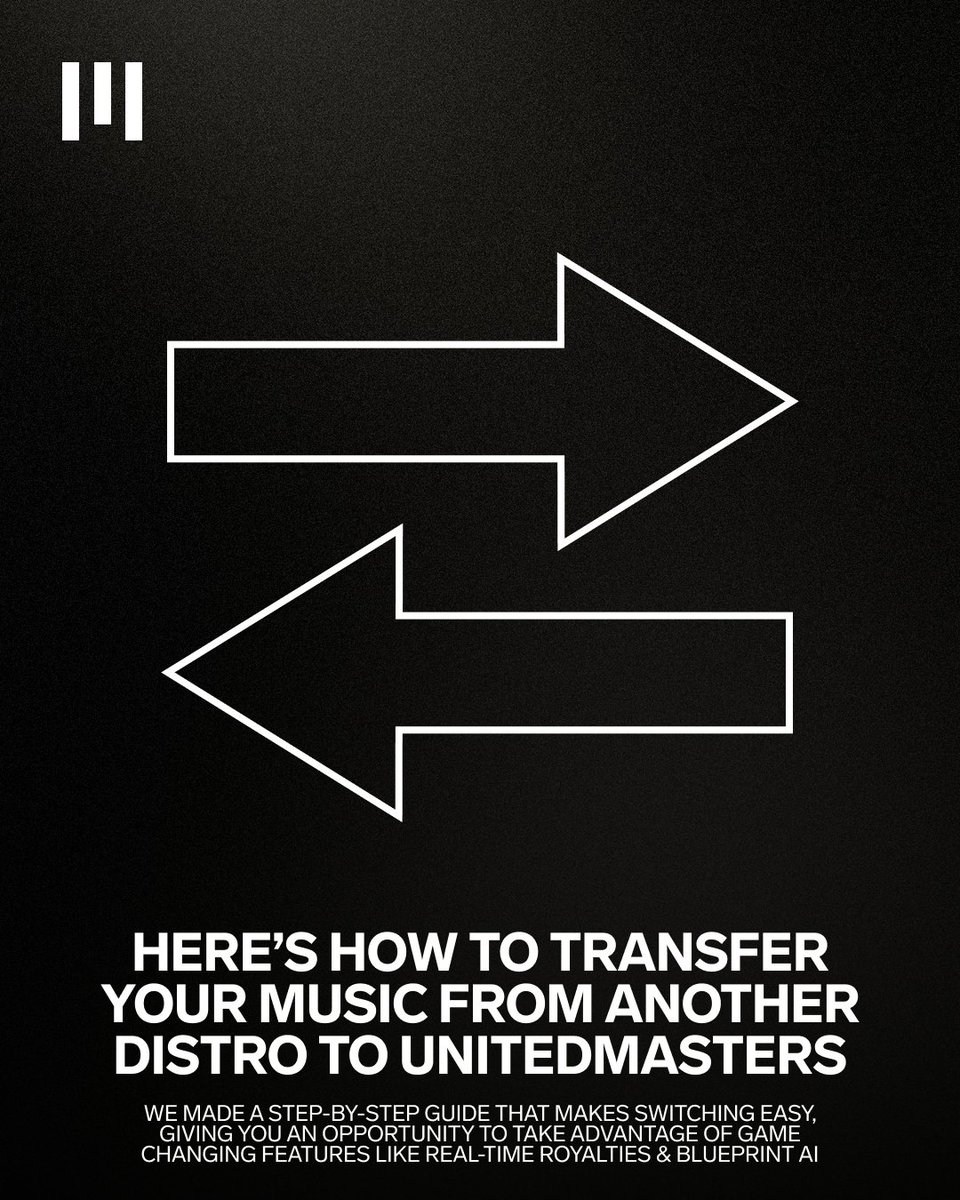 unitedmasters's tweet photo. Send this to someone who needs to get on UnitedMasters 📈

Now that you can get paid daily with Real-Time Royalties and receive trusted career advice with Blueprint AI, we made a step-by-step guide to help you transfer your catalog over to UnitedMasters.

Swipe to find out how and let us know if you have questions in the comments ⬇️