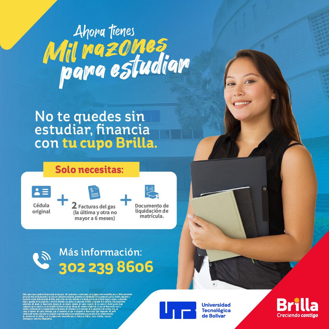 ¡Tu futuro te espera en la UTB! 🎓 Sabemos lo importante que es tu educación, por eso te ofrecemos todo el apoyo para que estudies. Con el cupo Brilla, financiar tu carrera es más sencillo de lo que imaginas.

Da el siguiente paso hacia tu éxito!

#utb