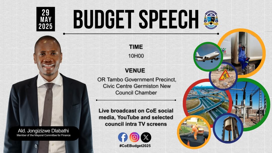 The Member of the Mayoral Committee for Finance, Alderman Jongizizwe Dlabathi, will on Thursday, 29 May 2025, deliver the City’s budget speech.
<a href="/GCISGauteng/">GCIS Gauteng Prov Office</a>

#CoEBudget2025