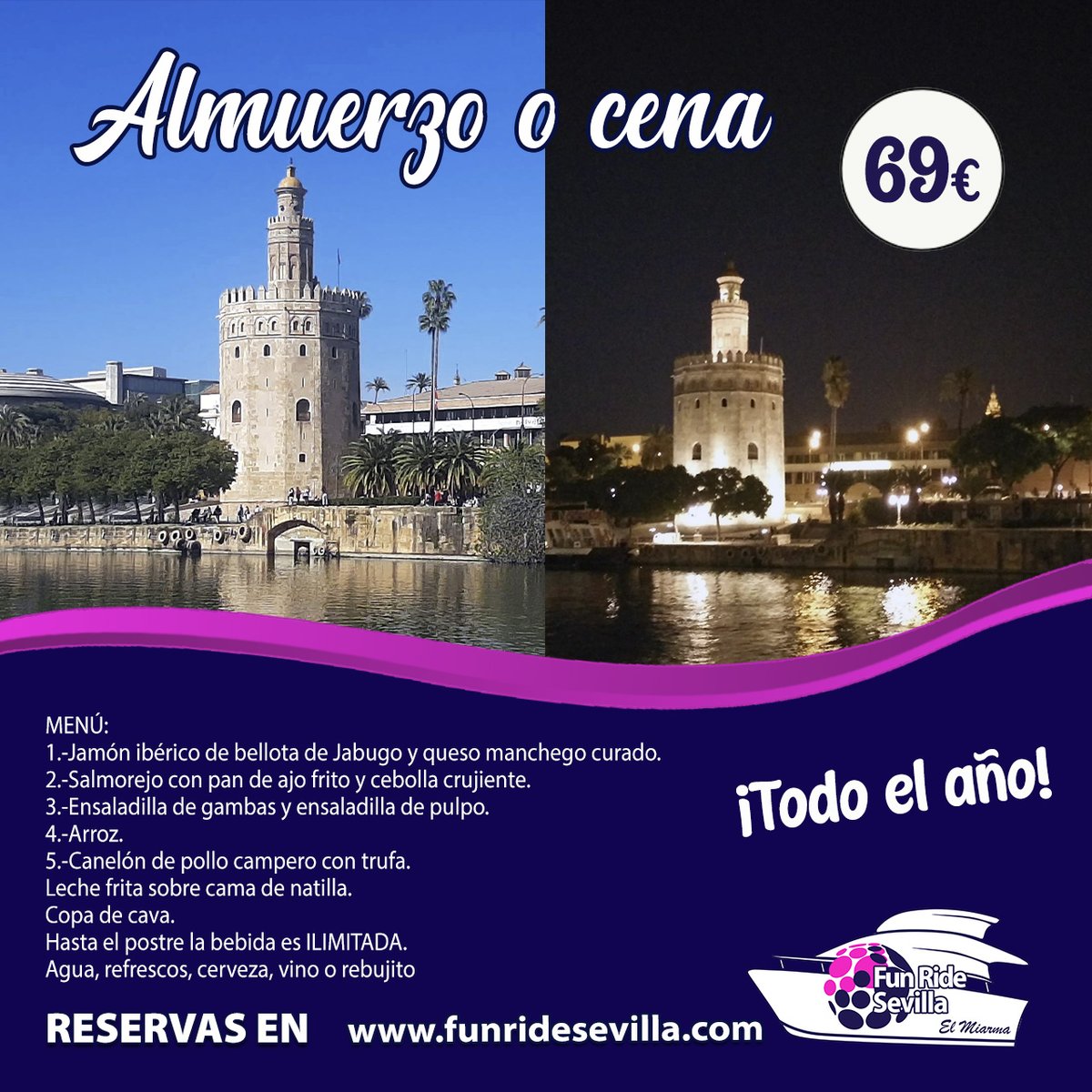 Funridesevilla's tweet photo. ¿Buscas un plan diferente en #Sevilla?
Te presentamos la #experiencia perfecta 💃🏻
Un #almuerzo o #cena en #barco por el río #Guadalquivir con un menú delicioso y bebida #ilimitada hasta el postre.
📅 Disponible TODO EL AÑO
💶 Solo 69€
🌐 Reserva ya en 👉 https://t.co/9brXmIUR51 https://t.co/oBqnTBU8dG
