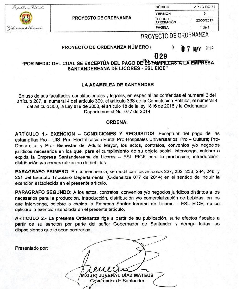 Gobernador <a href="/GralJuvenalDiaz/">General Juvenal Díaz</a> ¿Qué sentido tiene crear una empresa de licores para no cobrarle estampillas a todo lo que hagan en ella? 
Bastante despilfarro ya es pagar al gerente $18 millones mensuales.
Esperemos que esas exenciones no lleguen a obras civiles, acueductos u otras.